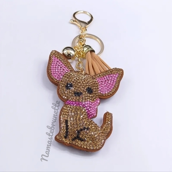 Chihuahua Dog Crystal Rhinestone Keychain Bag Charm With Tan Tassel - Picture 9 of 17